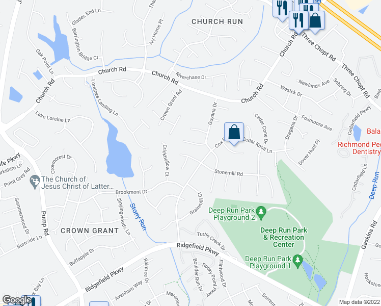 map of restaurants, bars, coffee shops, grocery stores, and more near 10203 Guyana Court in Richmond