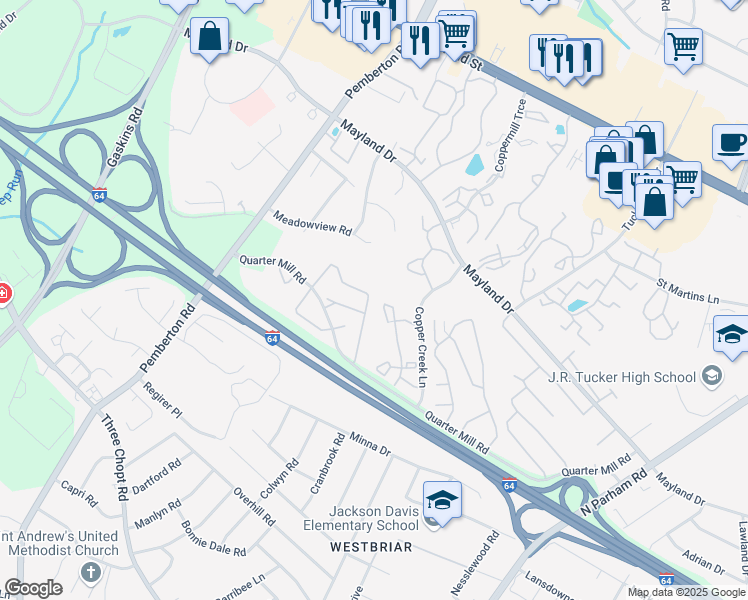 map of restaurants, bars, coffee shops, grocery stores, and more near 2867 Queensland Drive in Henrico