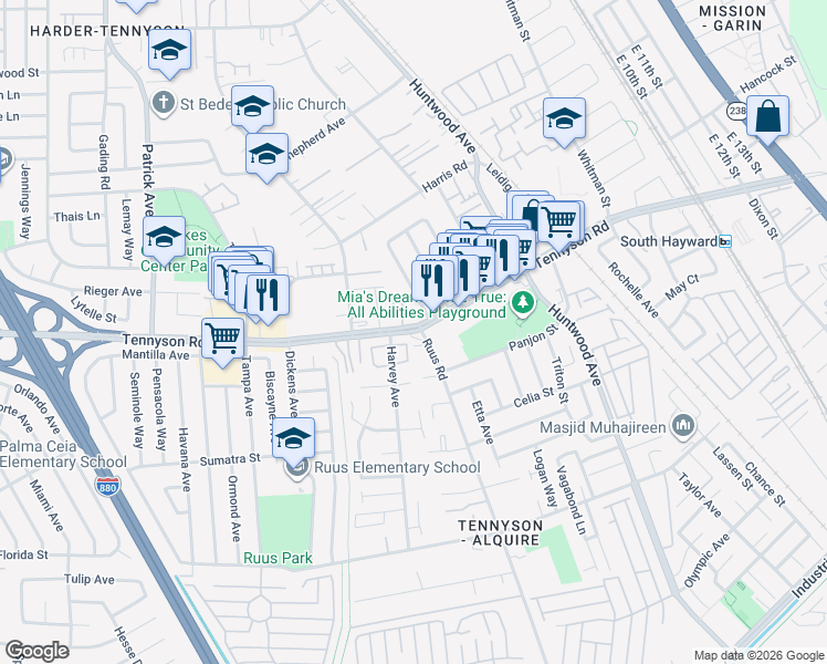 map of restaurants, bars, coffee shops, grocery stores, and more near 781 West Tennyson Road in Hayward