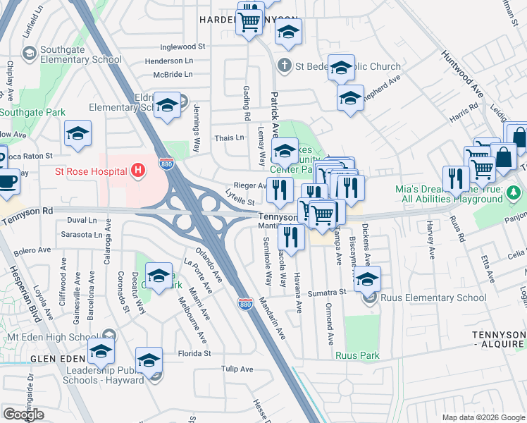 map of restaurants, bars, coffee shops, grocery stores, and more near 1361 Lytelle Street in Hayward
