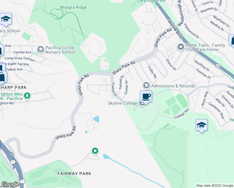 map of restaurants, bars, coffee shops, grocery stores, and more near 3680 Sunset Drive in San Bruno