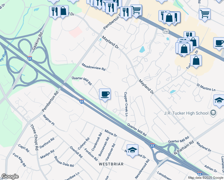 map of restaurants, bars, coffee shops, grocery stores, and more near 2867 Queensland Drive in Henrico