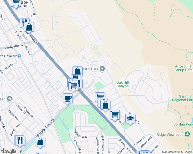 map of restaurants, bars, coffee shops, grocery stores, and more near 651 Alquire Parkway in Hayward