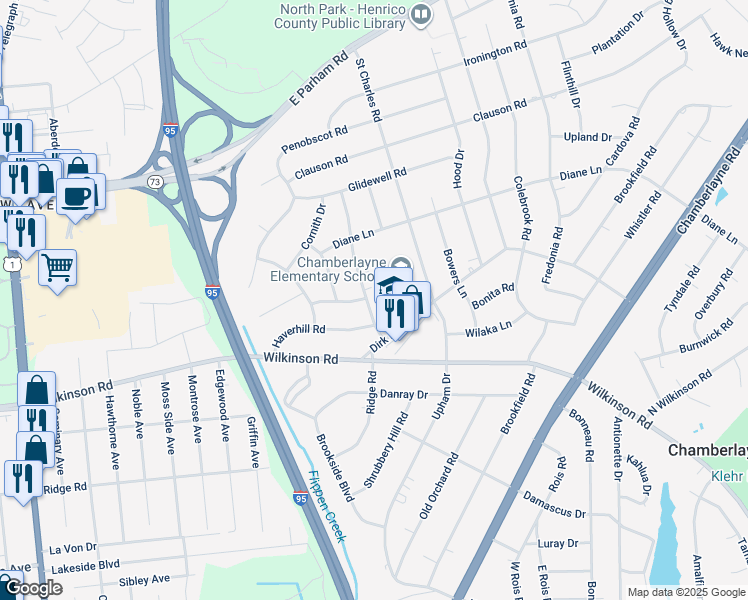 map of restaurants, bars, coffee shops, grocery stores, and more near 8209 Tarkington Drive in Richmond