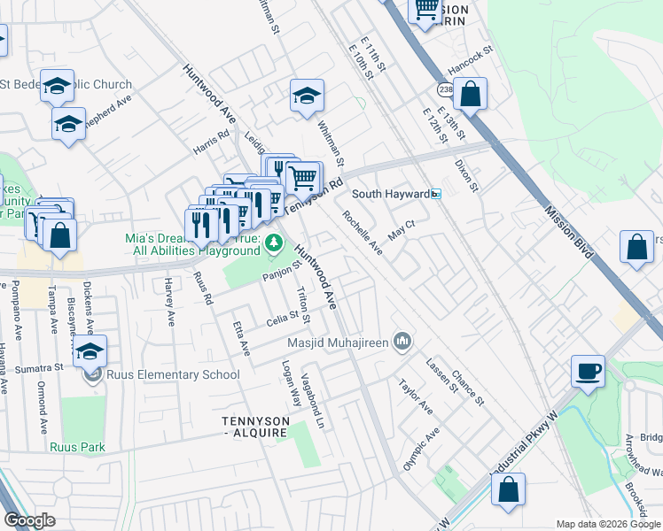 map of restaurants, bars, coffee shops, grocery stores, and more near 28538 Huntwood Avenue in Hayward