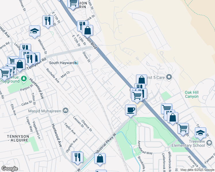 map of restaurants, bars, coffee shops, grocery stores, and more near 29300 Dixon Street in Hayward