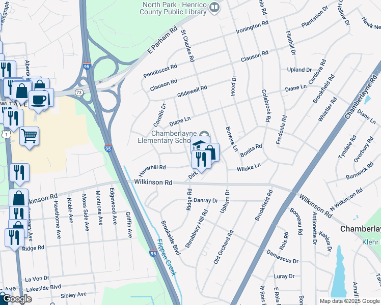 map of restaurants, bars, coffee shops, grocery stores, and more near 8209 Tarkington Drive in Richmond