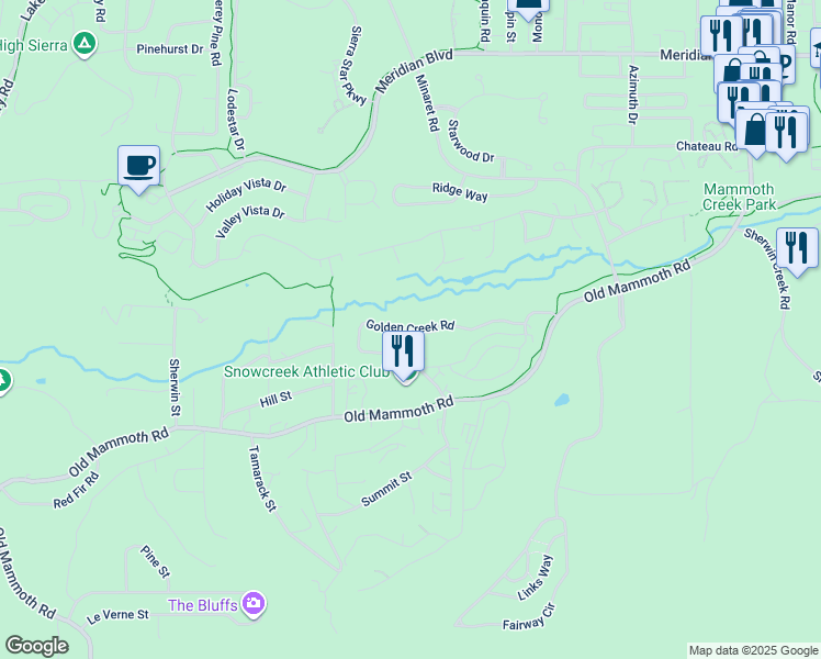 map of restaurants, bars, coffee shops, grocery stores, and more near 548 Golden Creek Road in Mammoth Lakes