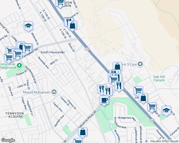 map of restaurants, bars, coffee shops, grocery stores, and more near 29300 Dixon Street in Hayward