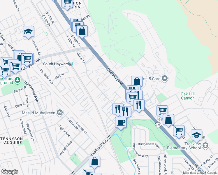 map of restaurants, bars, coffee shops, grocery stores, and more near 29324 Dixon Street in Hayward