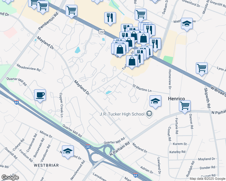 map of restaurants, bars, coffee shops, grocery stores, and more near 2347 Harpoon Court in Henrico