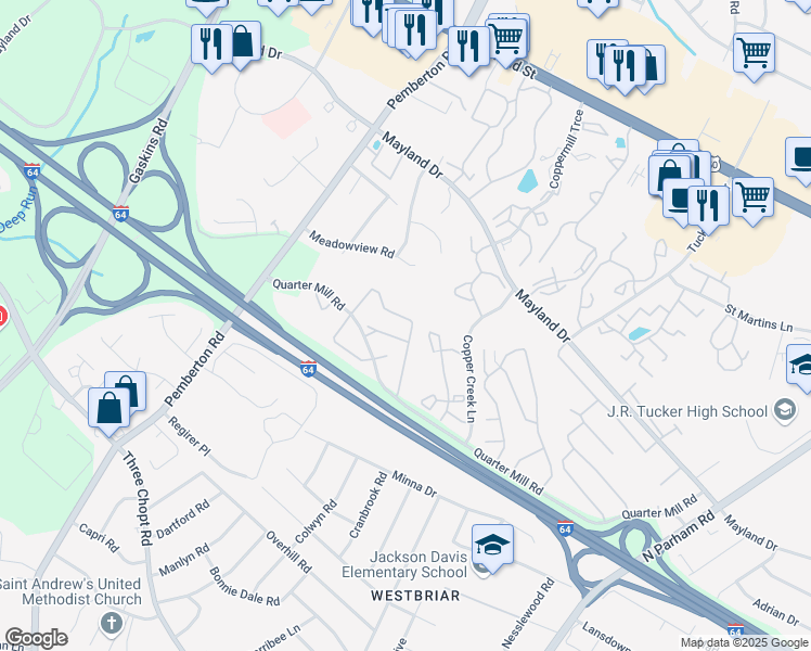 map of restaurants, bars, coffee shops, grocery stores, and more near 2902 Queensland Drive in Richmond