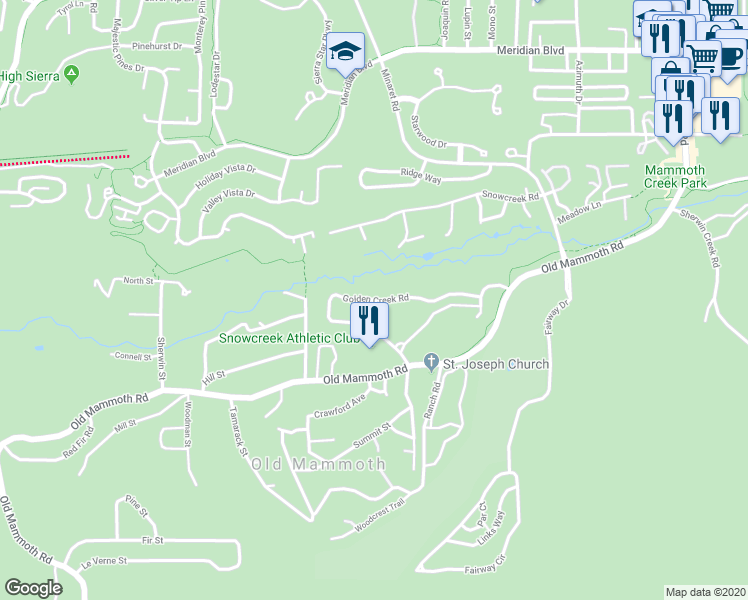 map of restaurants, bars, coffee shops, grocery stores, and more near 503 Golden Creek Road in Mammoth Lakes