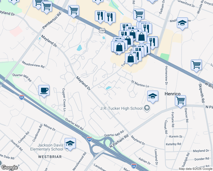 map of restaurants, bars, coffee shops, grocery stores, and more near 2337 Harpoon Court in Richmond
