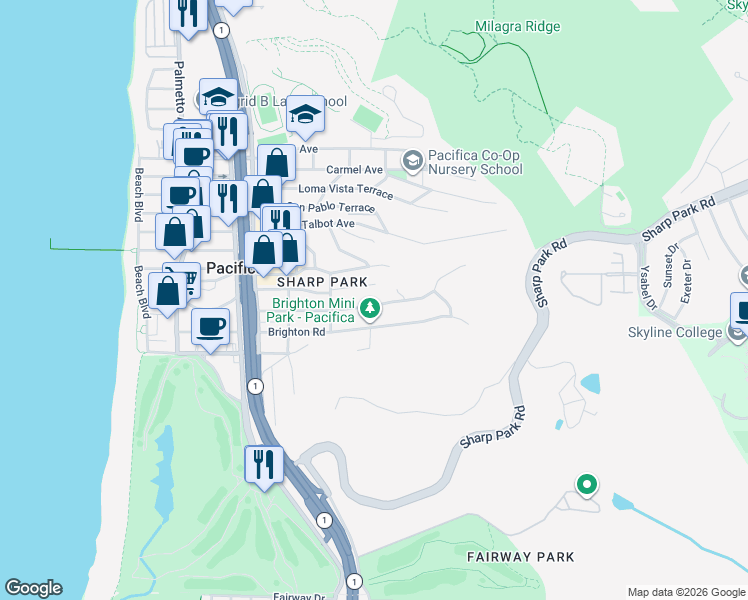 map of restaurants, bars, coffee shops, grocery stores, and more near 503 Moana Way in Pacifica