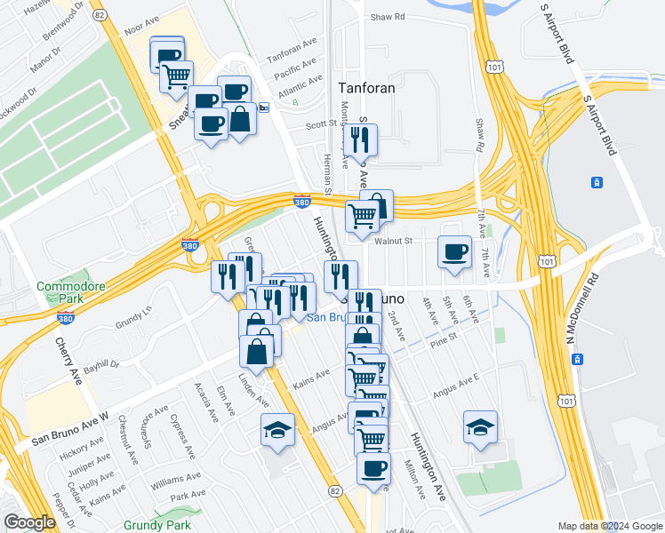 map of restaurants, bars, coffee shops, grocery stores, and more near 888 Mills Avenue in San Bruno