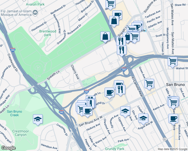 map of restaurants, bars, coffee shops, grocery stores, and more near in San Bruno