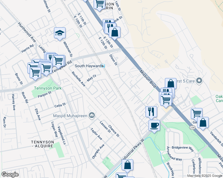 map of restaurants, bars, coffee shops, grocery stores, and more near 29129 Verdi Road in Hayward