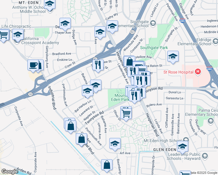 map of restaurants, bars, coffee shops, grocery stores, and more near 2399 Bermuda Lane in Hayward