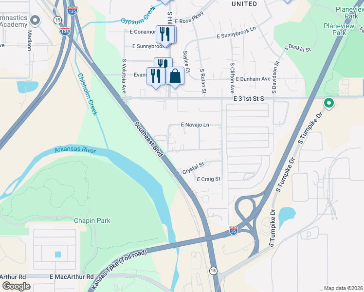 map of restaurants, bars, coffee shops, grocery stores, and more near 3234 Butler Street in Wichita