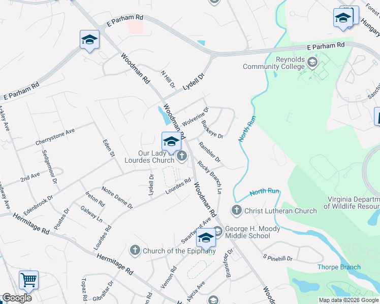 map of restaurants, bars, coffee shops, grocery stores, and more near 8290 Woodman Road in Henrico