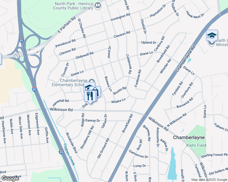 map of restaurants, bars, coffee shops, grocery stores, and more near 910 Bonita Road in Richmond