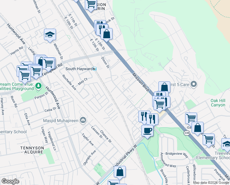 map of restaurants, bars, coffee shops, grocery stores, and more near 29181 Dixon Street in Hayward