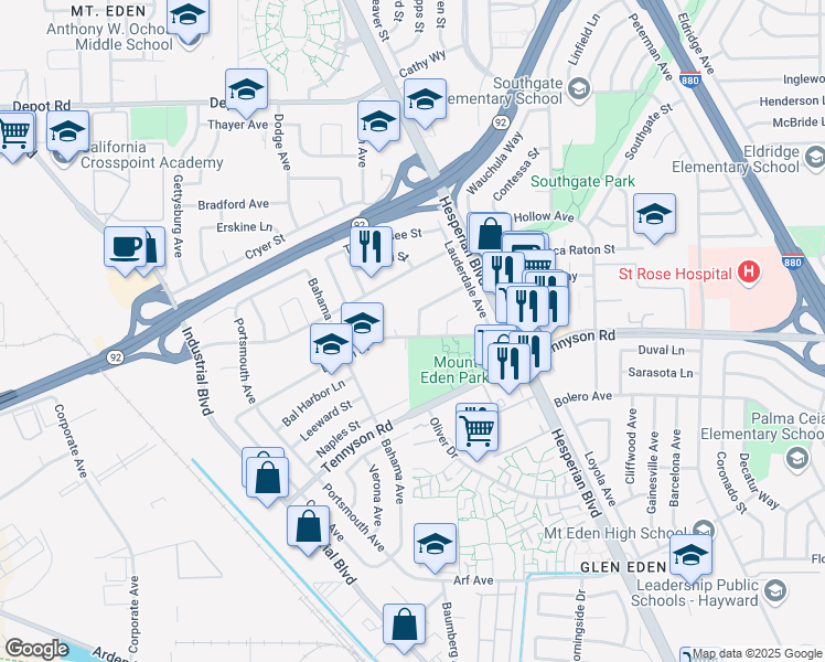 map of restaurants, bars, coffee shops, grocery stores, and more near 2399 Bermuda Lane in Hayward
