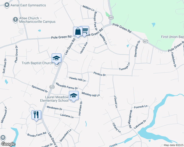 map of restaurants, bars, coffee shops, grocery stores, and more near 6965 Pimlico Drive in Mechanicsville