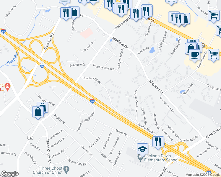 map of restaurants, bars, coffee shops, grocery stores, and more near 2929 Thistlebrook Lane in Richmond