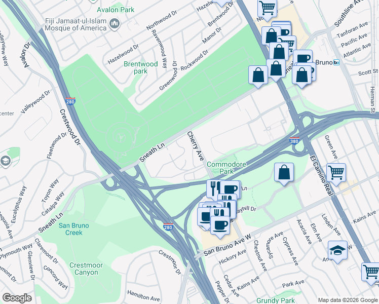 map of restaurants, bars, coffee shops, grocery stores, and more near 101 Piccadilly Place in San Bruno