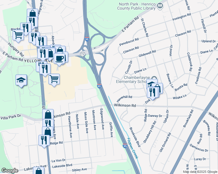 map of restaurants, bars, coffee shops, grocery stores, and more near 8200 Penobscot Road in Richmond