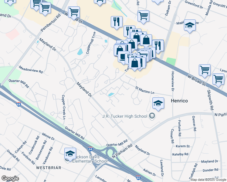 map of restaurants, bars, coffee shops, grocery stores, and more near 2347 Harpoon Court in Henrico