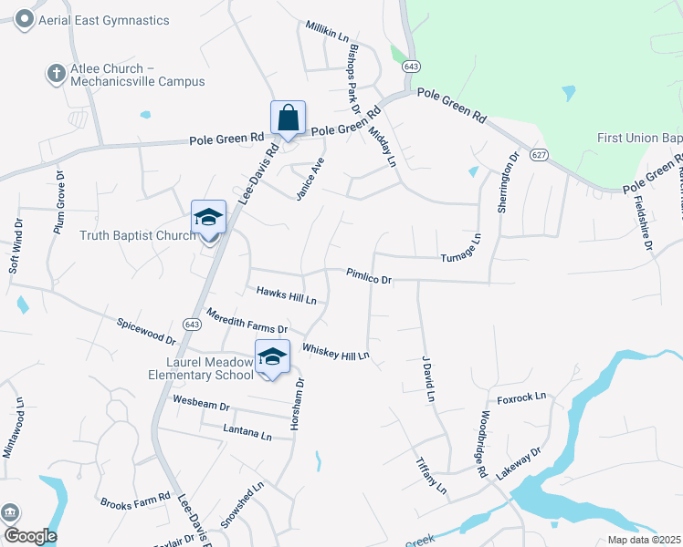 map of restaurants, bars, coffee shops, grocery stores, and more near 6965 Pimlico Drive in Mechanicsville