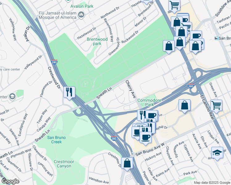 map of restaurants, bars, coffee shops, grocery stores, and more near 149 Piccadilly Place in San Bruno