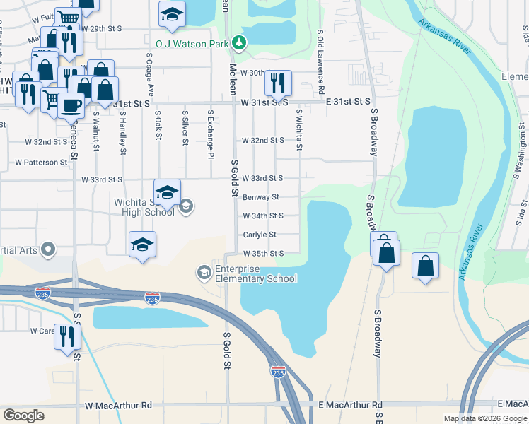 map of restaurants, bars, coffee shops, grocery stores, and more near 402 West 34th Street South in Wichita