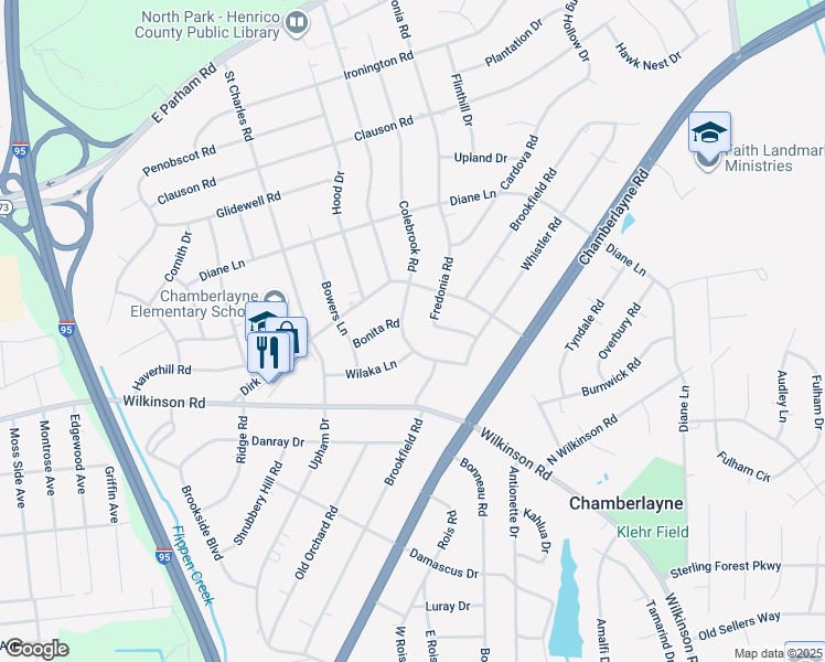 map of restaurants, bars, coffee shops, grocery stores, and more near 6315 Colebrook Road in Richmond