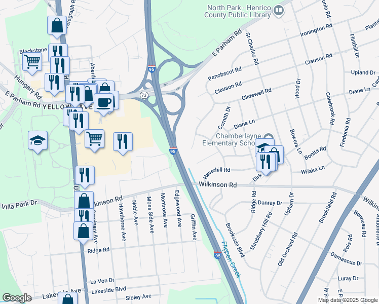 map of restaurants, bars, coffee shops, grocery stores, and more near 8200 Penobscot Road in Richmond