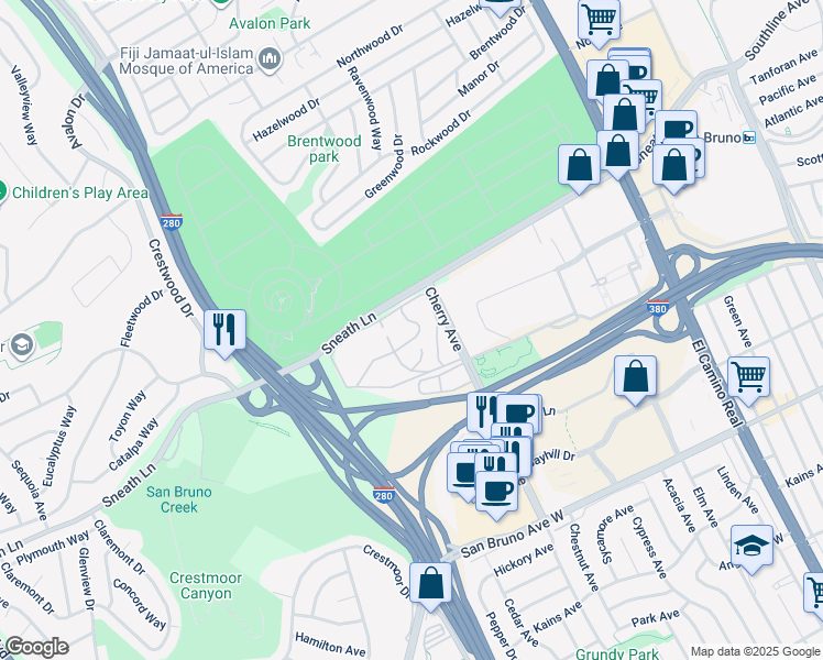 map of restaurants, bars, coffee shops, grocery stores, and more near 131 Piccadilly Place in San Bruno