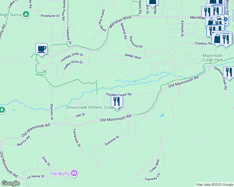 map of restaurants, bars, coffee shops, grocery stores, and more near 512 Golden Creek Road in Mammoth Lakes