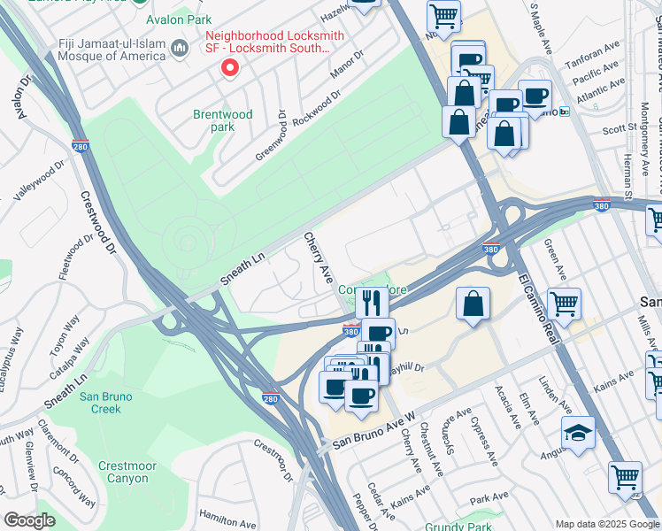 map of restaurants, bars, coffee shops, grocery stores, and more near 304 Cherry Avenue in San Bruno