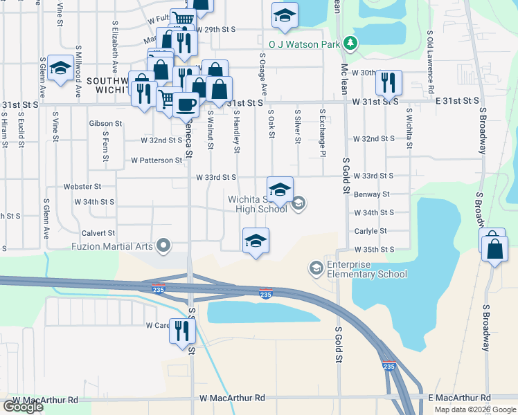 map of restaurants, bars, coffee shops, grocery stores, and more near 3444 South Osage Street in Wichita