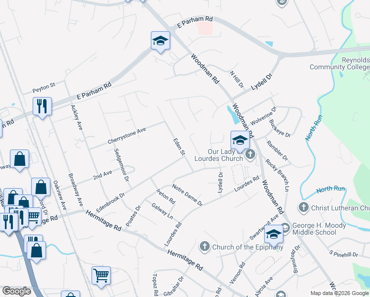 map of restaurants, bars, coffee shops, grocery stores, and more near 8315 Eden Street in Richmond