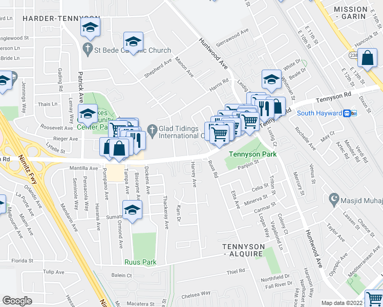 map of restaurants, bars, coffee shops, grocery stores, and more near 797 West Tennyson Road in Hayward