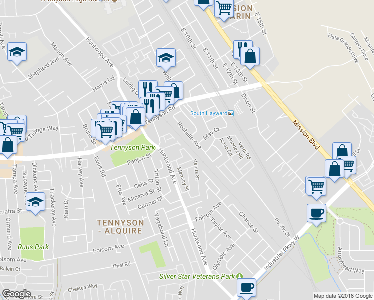 map of restaurants, bars, coffee shops, grocery stores, and more near 28628 Venus Street in Hayward