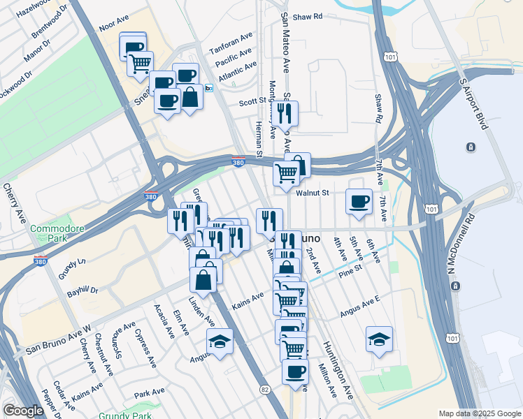 map of restaurants, bars, coffee shops, grocery stores, and more near 888 Mills Avenue in San Bruno