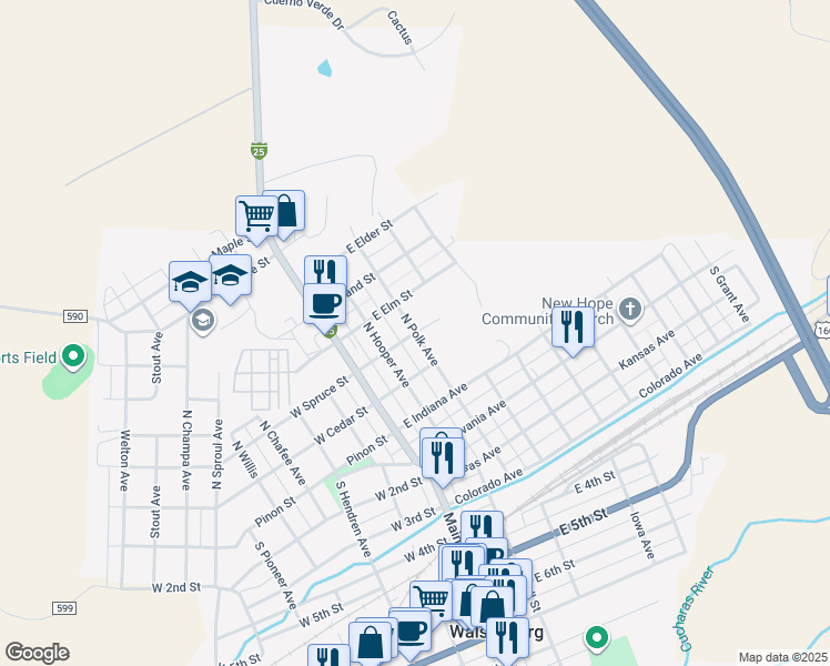map of restaurants, bars, coffee shops, grocery stores, and more near 401 North Polk Avenue in Walsenburg
