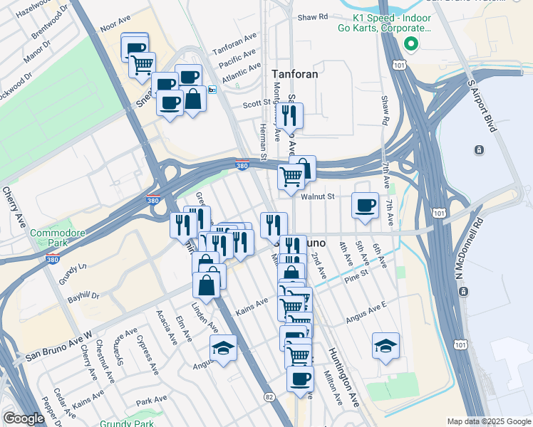 map of restaurants, bars, coffee shops, grocery stores, and more near 875 Huntington Avenue in San Bruno