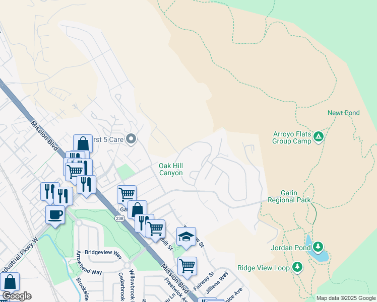 map of restaurants, bars, coffee shops, grocery stores, and more near 29843 Clearbrook Circle in Hayward