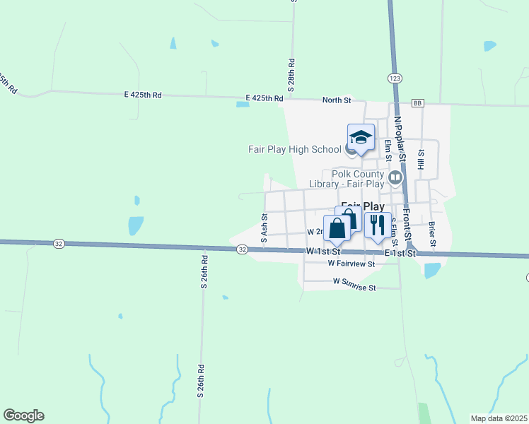 map of restaurants, bars, coffee shops, grocery stores, and more near South Ash Street in Fair Play